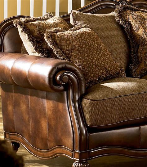 Ashby - Wood Trim Chenille & Faux Leather Sofa Couch Set Living Room ...