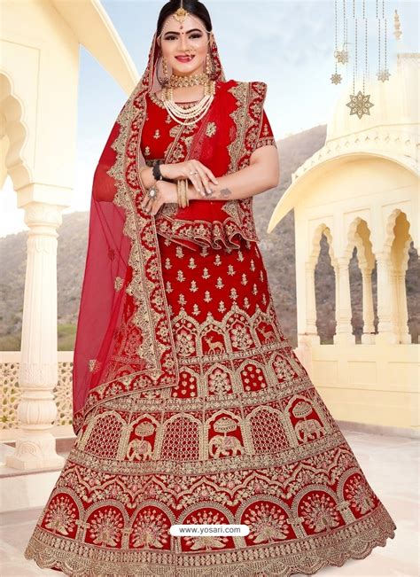 Buy Tomato Red Designer Velvet Bridal Wear Lehenga Choli | Bridal ...