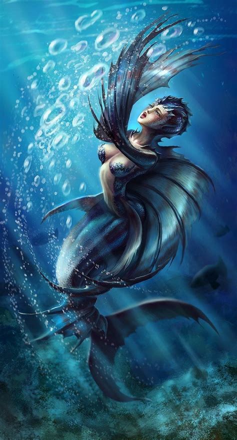 a painting of a mermaid swimming in the ocean with her long hair flying ...