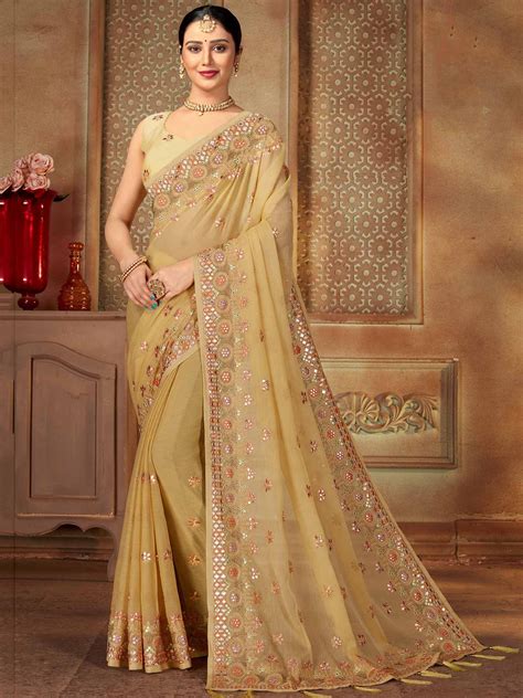 Golden Colour Chiffon Fabric Designer Saree.