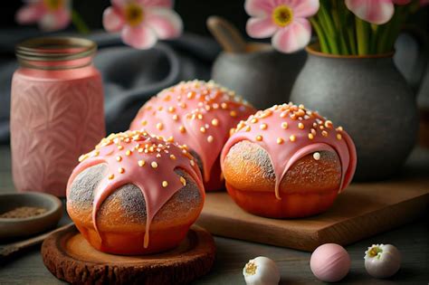 Premium AI Image | Beautiful pink poppy seed buns with egg and sugar glaze