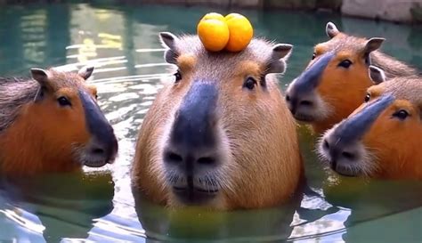 Premium AI Image | A capybara with oranges on its head is swimming in a ...