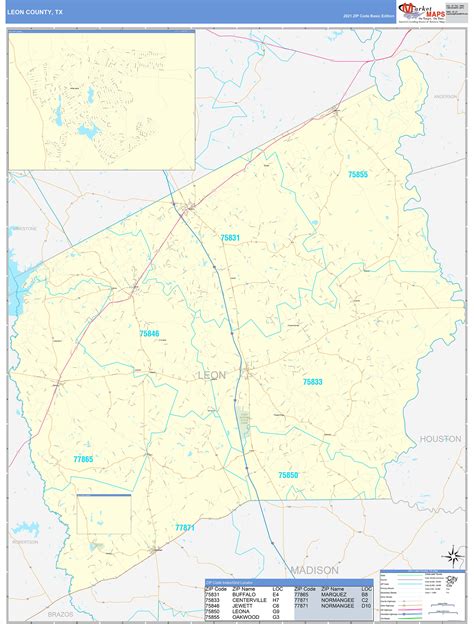 Leon County, TX Zip Code Wall Map Basic Style by MarketMAPS