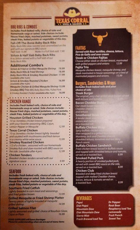 Menu at Texas Corral BBQ, Merrillville