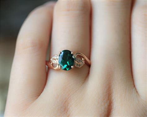 Unique 6x8mm Oval Emerald Ring Solid 14K Rose Gold Emerald Engagement Ring