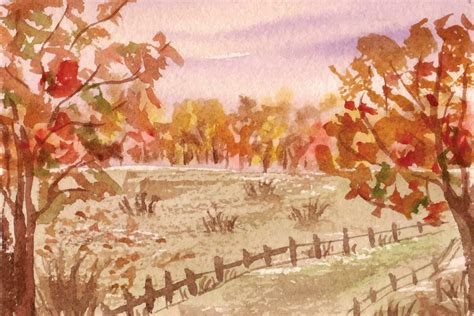 Artistic Autumn Landscape Watercolor Painting Background 26728399 ...