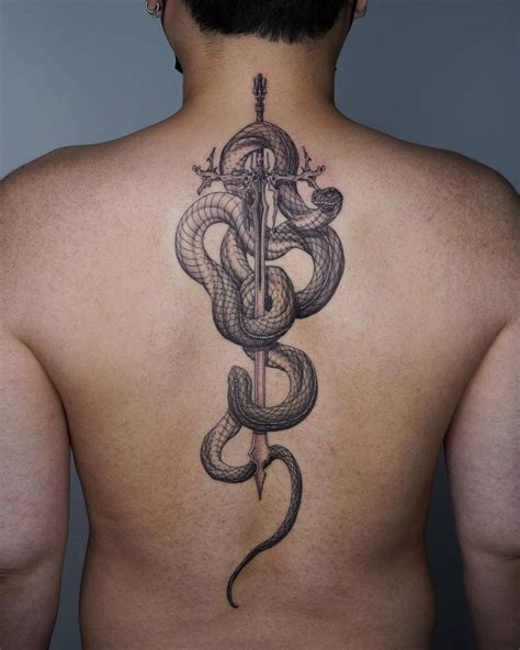 Large snake and sword tattoo done on the back.