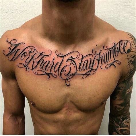 a man's chest with the words tattoo and lettering tattooed on his upper ...