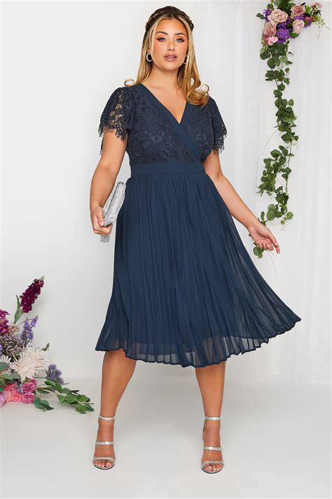 YOURS LONDON Curve Navy Blue Lace Wrap Pleated Midi Dress | Yours Clothing