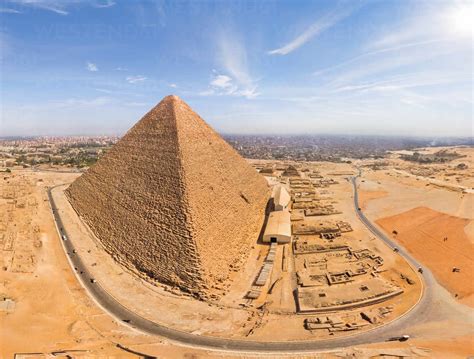 Panoramic aerial view of the Great Pyramids of Giza in Egypt stock photo