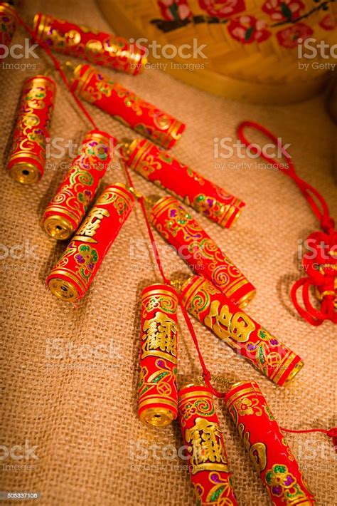 Traditional Chinese New Year Fire Crackers On The Red Stock Photo ...