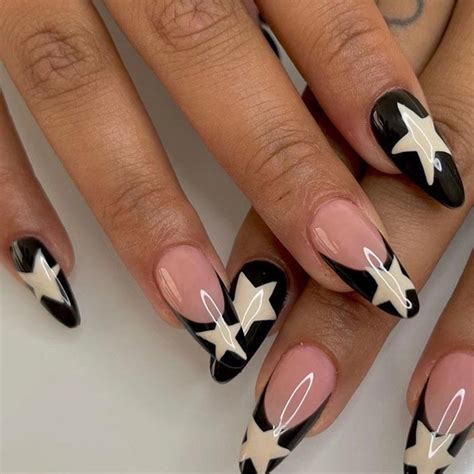 Trendy Star Nail With Cream Color Star in Almond Black French - Etsy Canada