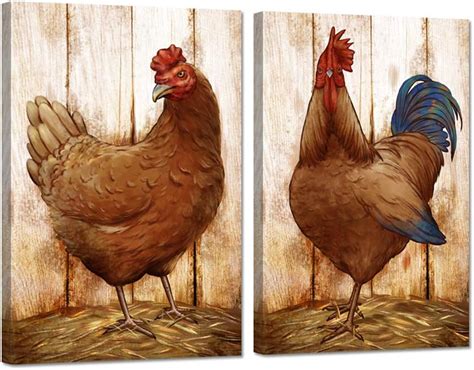 Amazon.com: iHAPPYWALL 2 Pieces Chicken Farm Animal Canvas Wall Art ...