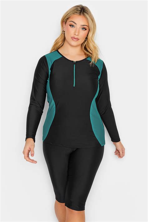 YOURS Plus Size Curve Blue Zip Front Long Sleeve Swim Top | Yours Clothing