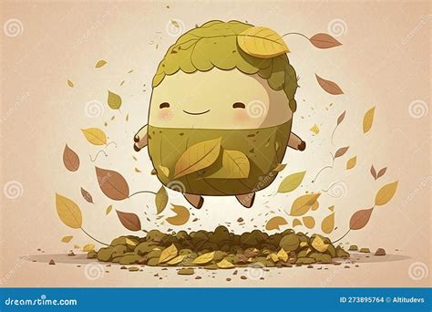 Cute Cartoon Character Playing with Leaf Pile, Jumping and Sliding ...