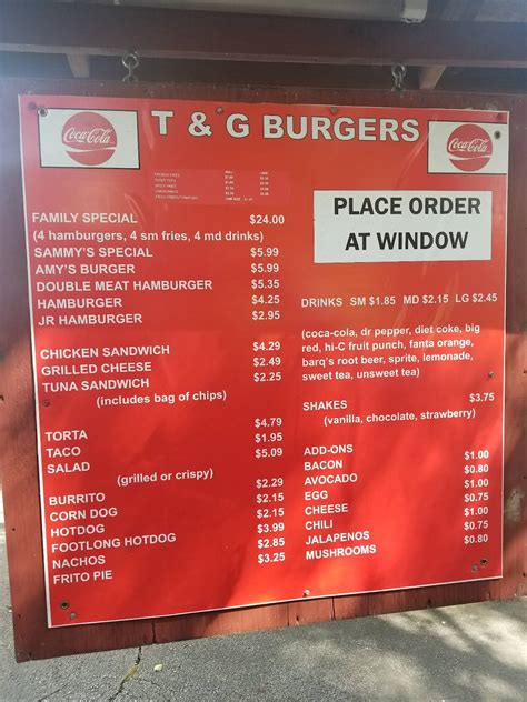 Menu at T & G Burger restaurant, Lufkin