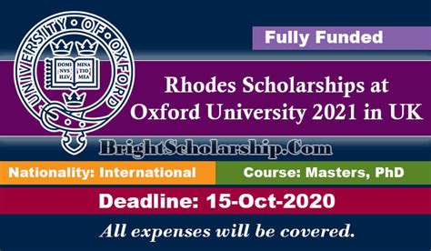 Rhodes Scholarships at Oxford University 2021 in UK (Fully Funded)