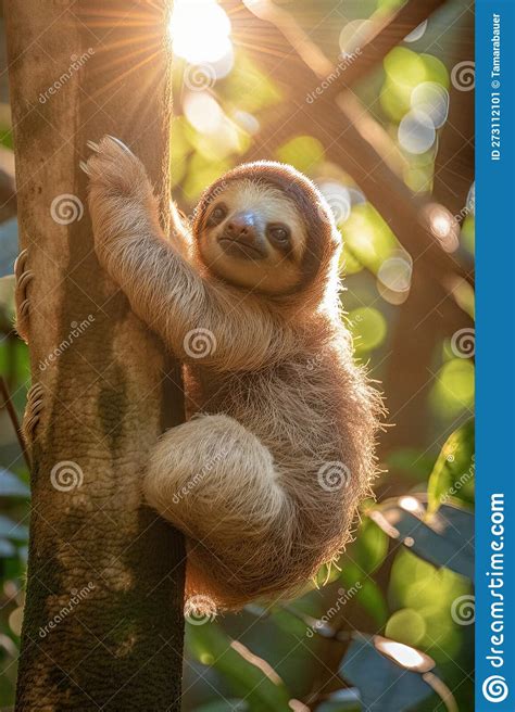 Adorable Baby Sloth Clinging To a Tree in the Forest Stock Illustration ...