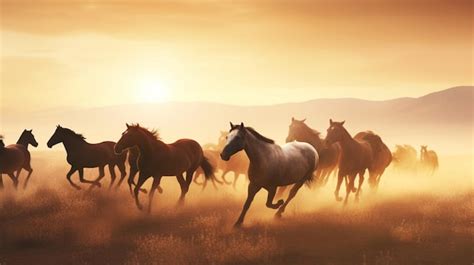 Premium AI Image | Horses running in the sunset