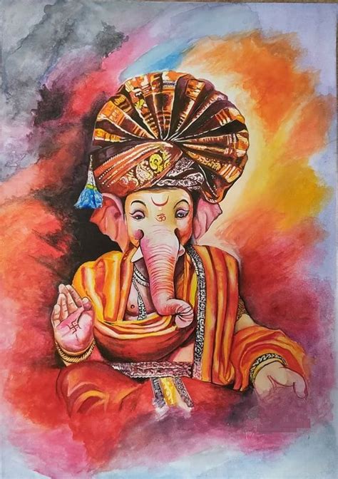 Lord Ganesha Hand Painted Painting On Canvas H Without Frame