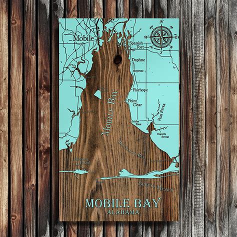 Mobile Bay, Alabama Wood Map | Burnt Laser-Cut Wall Map