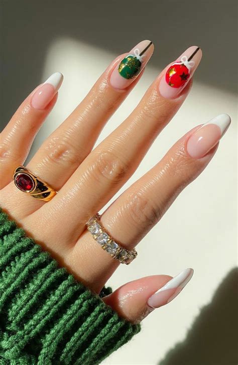 50+ Stylish Festive Nail Designs : Green & Red Bauble Nails