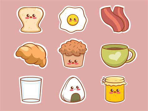 Set of cute breakfast food cartoon character sticker 4267549 Vector Art ...