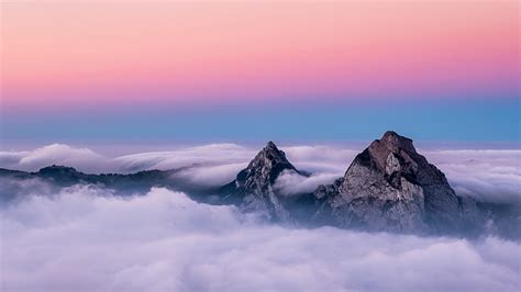 HD wallpaper: pink sky, cloudy, mountain, dawn, summit, ridge, horizon ...