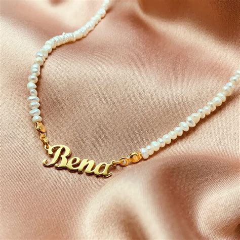 Cursive Name Necklace With Organic Pearls- Gold Electroplated