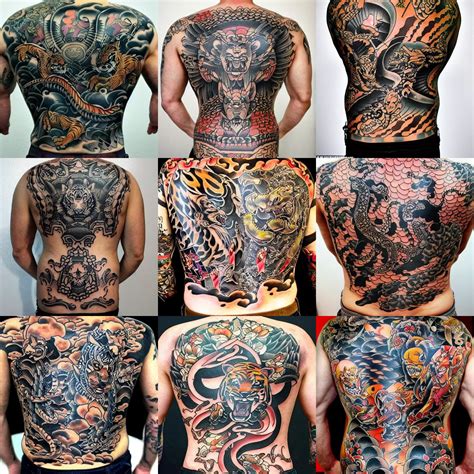 yakuza tattoos on a back with intricate designs with | Stable Diffusion