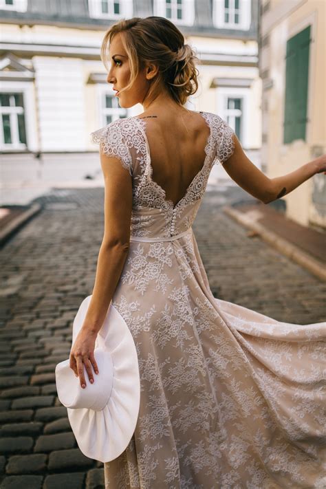 Delicate Lace Wedding Dress/ Bohemian Beige Lace Wedding | Beige Long ...