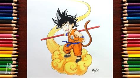 How to Draw Kid Goku on Flying Nimbus with Colour Pencils - Step by ...