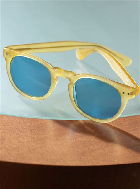 Semi-round Sunglasses in Yellow with Blue Lenses | Blue lenses, Round ...