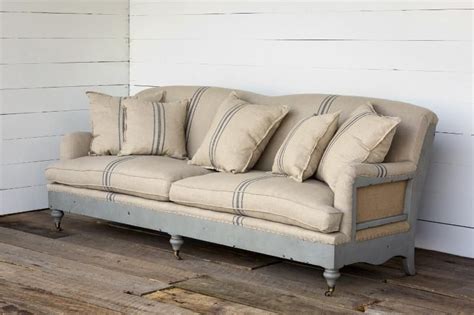 Farmhouse Sofa with Striped Linen | Farmhouse living room furniture ...