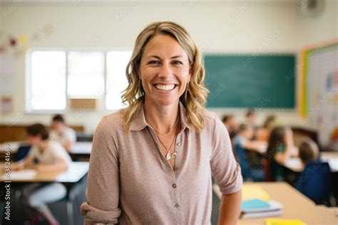 Portrait of a smiling caucasian middle school teacher teaching a ...