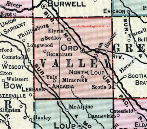 Valley County, Nebraska, map, 1911, Ord, Arcadia, North Loup, Elyria ...