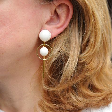 Beige Dangle Clip on Earrings, Modern Clip on Earrings, Ivory Earrings ...