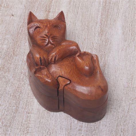 Playful Cat Carved Suar Wood Puzzle Box - Cat at Play | NOVICA