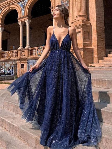 A Line V Neck Backless Blue Prom Dresses, V Neck Blue Backless Formal ...