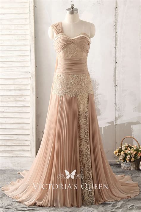 Floral Lace One Shoulder Apricot Chiffon Prom Dress - VQ