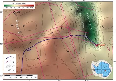 Surface elevation map of Lake Vostok vicinities [60, 92] adapted after ...