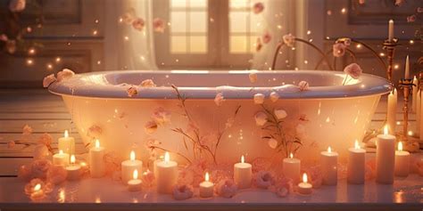 Premium AI Image | a 3d image of a tub with candles next to the door in ...