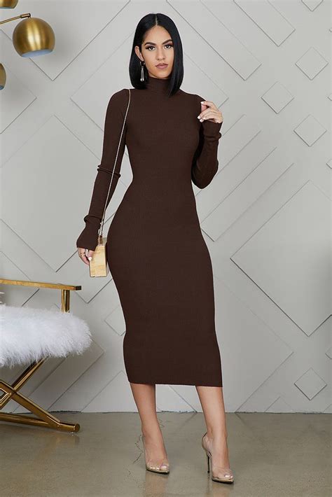 Ribbed High Neck Midi Dress (Dark Brown) | Dress outfits, Gaun kasual ...