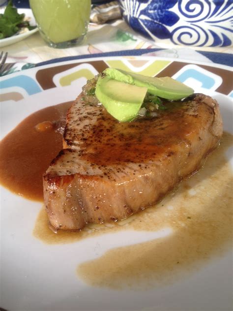 Miso Dai seared blue fin tuna steak topped with serrano-ginger ...