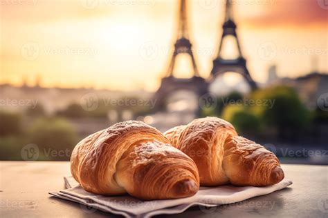 Delicious french croissants on romantic background of eiffel tower ...