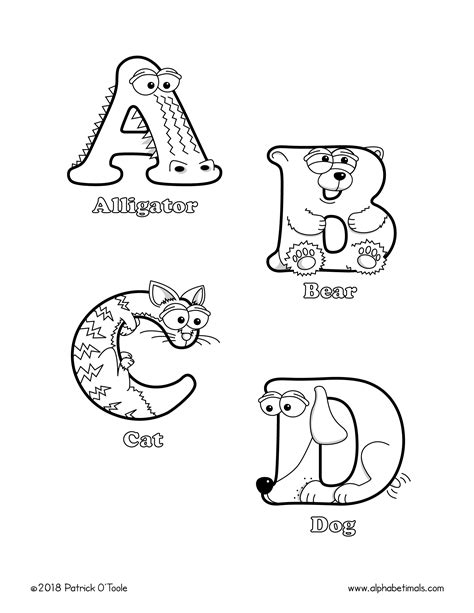 Printable Coloring Pages: Uppercase Letters & Animals - Alphabetimals