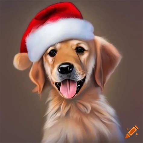 Adorable golden retriever puppy wearing a santa hat