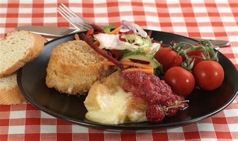 Breaded Camembert with Raspberry Coulis Stock Image - Image of meal ...