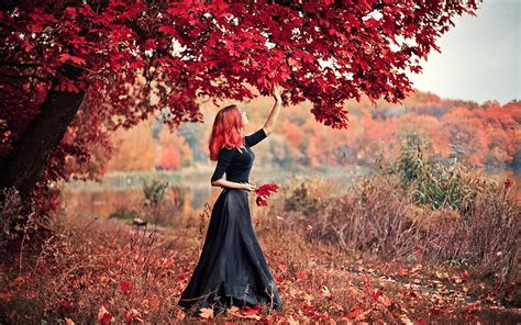 Redhead Picking Autumn Leaves, tree, autumn, dress, model, redhead, HD ...