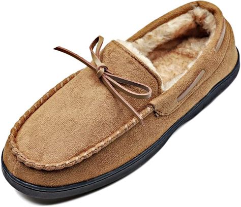 Amazon.com | Men's Moccasin House Slippers Flannel/Fur Lined Wide Shoes ...